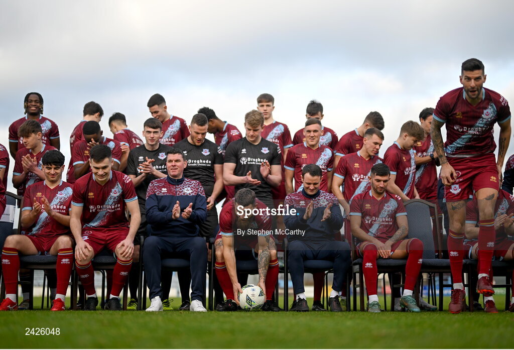 6 February 2023; Drogheda United players and staff break from a squad photograph during a Drogheda United squad portrait session at Weaver's Park in Drogheda, Louth. Photo by Stephen McCarthy/Sportsfile