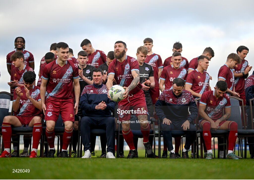 6 February 2023; Drogheda United players and staff break from a squad photograph during a Drogheda United squad portrait session at Weaver's Park in Drogheda, Louth. Photo by Stephen McCarthy/Sportsfile