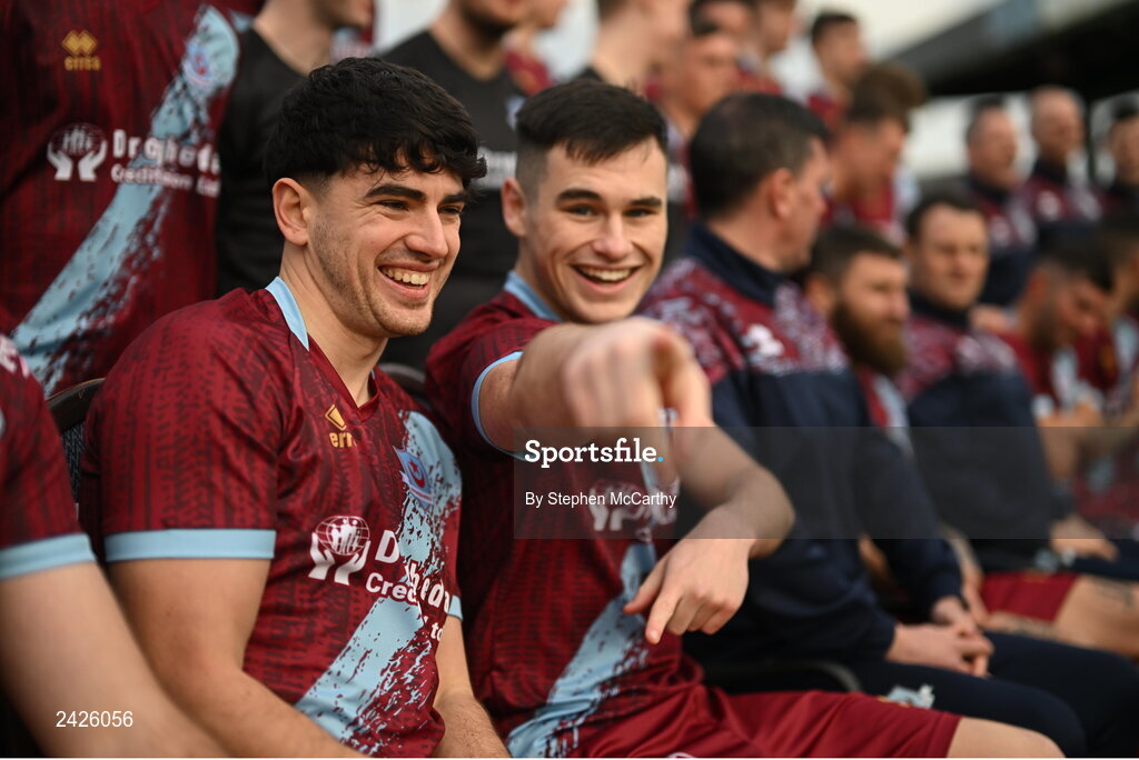 6 February 2023; Darragh Noone, left, Evan Weir and team-mates prepare for their squad photograph during a Drogheda United squad portrait session at Weaver's Park in Drogheda, Louth. Photo by Stephen McCarthy/Sportsfile