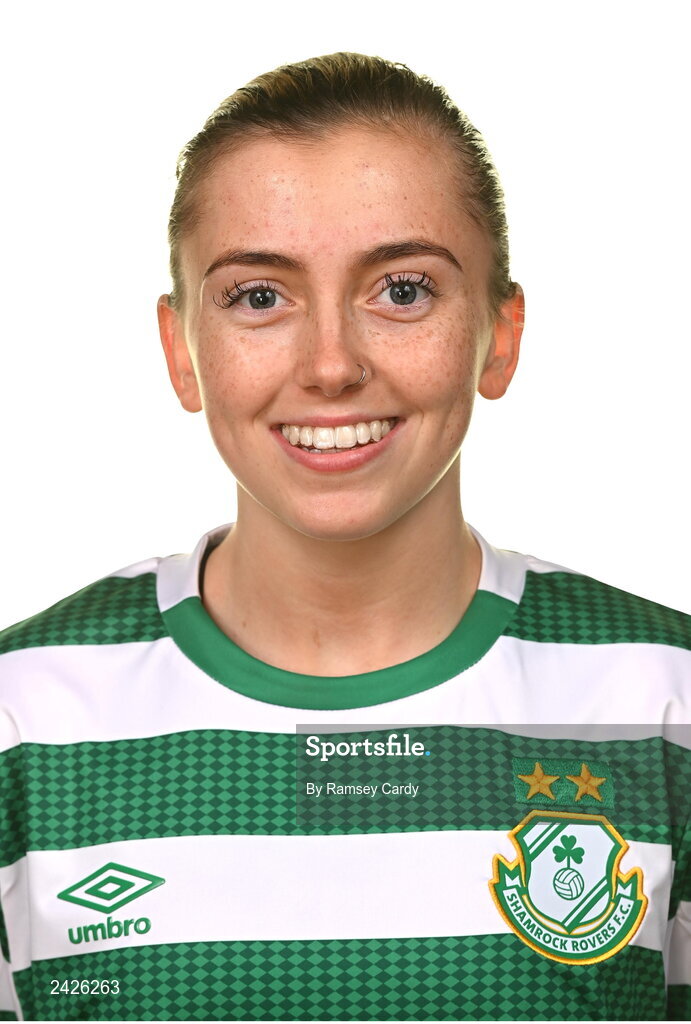 7 February 2023; Abbie Larkin poses for a portrait during a Shamrock Rovers Women's squad portrait session at Roadstone Group Sports Club in Dublin. Photo by Ramsey Cardy/Sportsfile