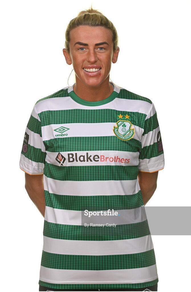 7 February 2023; Savannah McCarthy poses for a portrait during a Shamrock Rovers Women's squad portrait session at Roadstone Group Sports Club in Dublin. Photo by Ramsey Cardy/Sportsfile