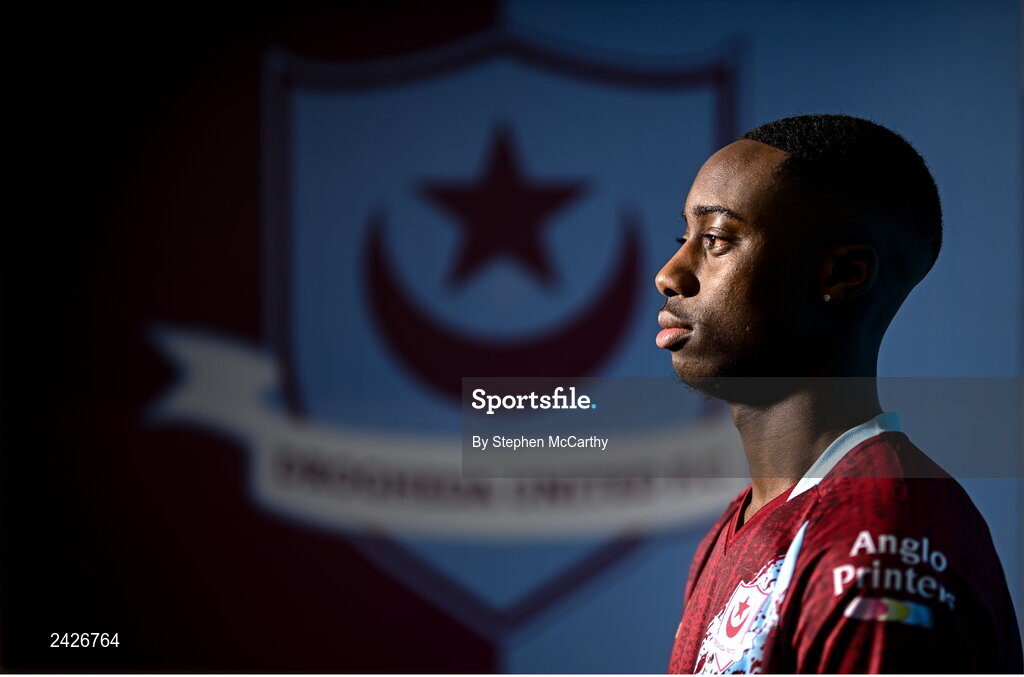 6 February 2023; Emmanuel Adegboyega poses for a portrait during a Drogheda United squad portrait session at Weaver's Park in Drogheda, Louth. Photo by Stephen McCarthy/Sportsfile