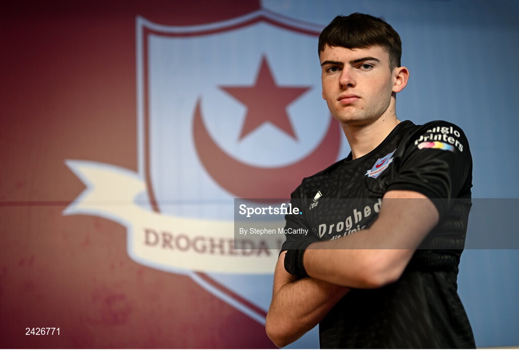 6 February 2023; Goalkeeper Andrew Wogan poses for a portrait during a Drogheda United squad portrait session at Weaver's Park in Drogheda, Louth. Photo by Stephen McCarthy/Sportsfile