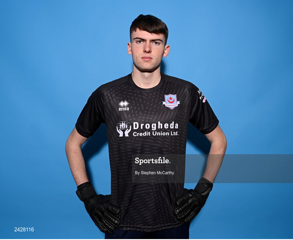 6 February 2023; Goalkeeper Andrew Wogan poses for a portrait during a Drogheda United squad portrait session at Weaver's Park in Drogheda, Louth. Photo by Stephen McCarthy/Sportsfile