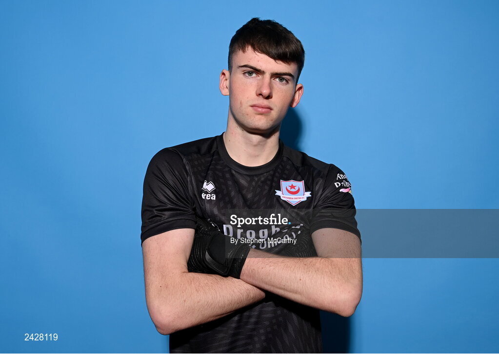 6 February 2023; Goalkeeper Andrew Wogan poses for a portrait during a Drogheda United squad portrait session at Weaver's Park in Drogheda, Louth. Photo by Stephen McCarthy/Sportsfile