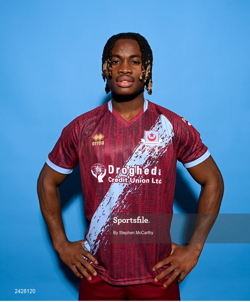 6 February 2023; Victor Arong poses for a portrait during a Drogheda United squad portrait session at Weaver's Park in Drogheda, Louth. Photo by Stephen McCarthy/Sportsfile