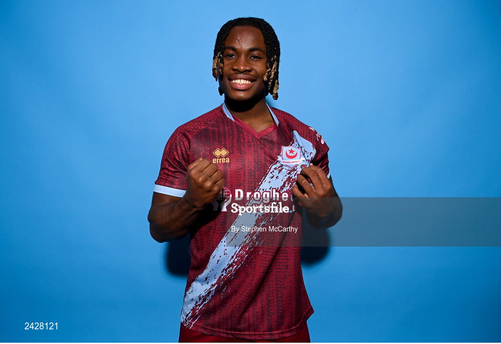6 February 2023; Victor Arong poses for a portrait during a Drogheda United squad portrait session at Weaver's Park in Drogheda, Louth. Photo by Stephen McCarthy/Sportsfile