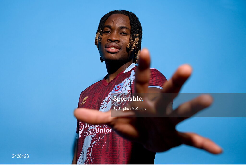 6 February 2023; Victor Arong poses for a portrait during a Drogheda United squad portrait session at Weaver's Park in Drogheda, Louth. Photo by Stephen McCarthy/Sportsfile