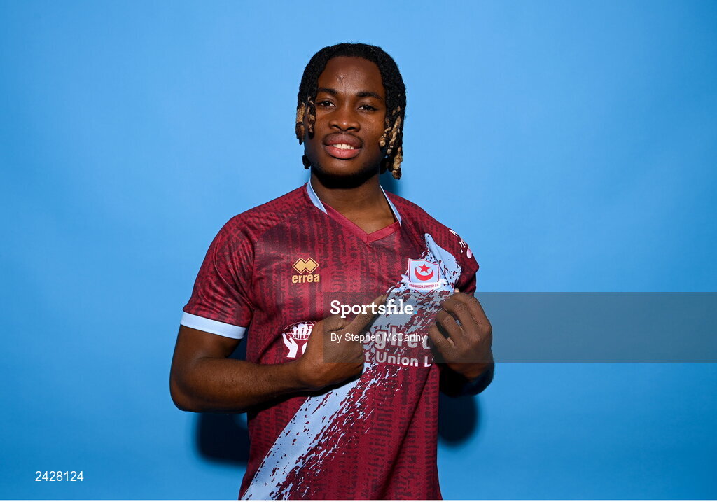 6 February 2023; Victor Arong poses for a portrait during a Drogheda United squad portrait session at Weaver's Park in Drogheda, Louth. Photo by Stephen McCarthy/Sportsfile