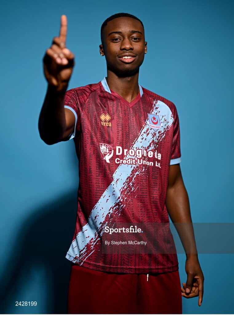 6 February 2023; Emmanuel Adegboyega poses for a portrait during a Drogheda United squad portrait session at Weaver's Park in Drogheda, Louth. Photo by Stephen McCarthy/Sportsfile