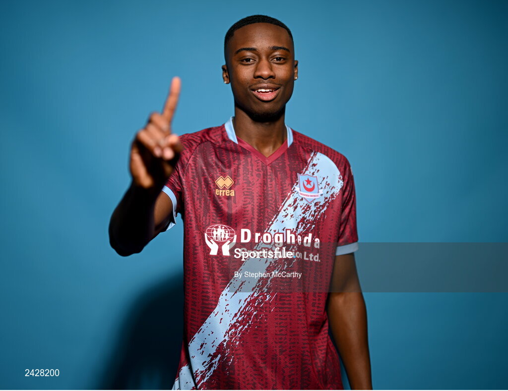 6 February 2023; Emmanuel Adegboyega poses for a portrait during a Drogheda United squad portrait session at Weaver's Park in Drogheda, Louth. Photo by Stephen McCarthy/Sportsfile
