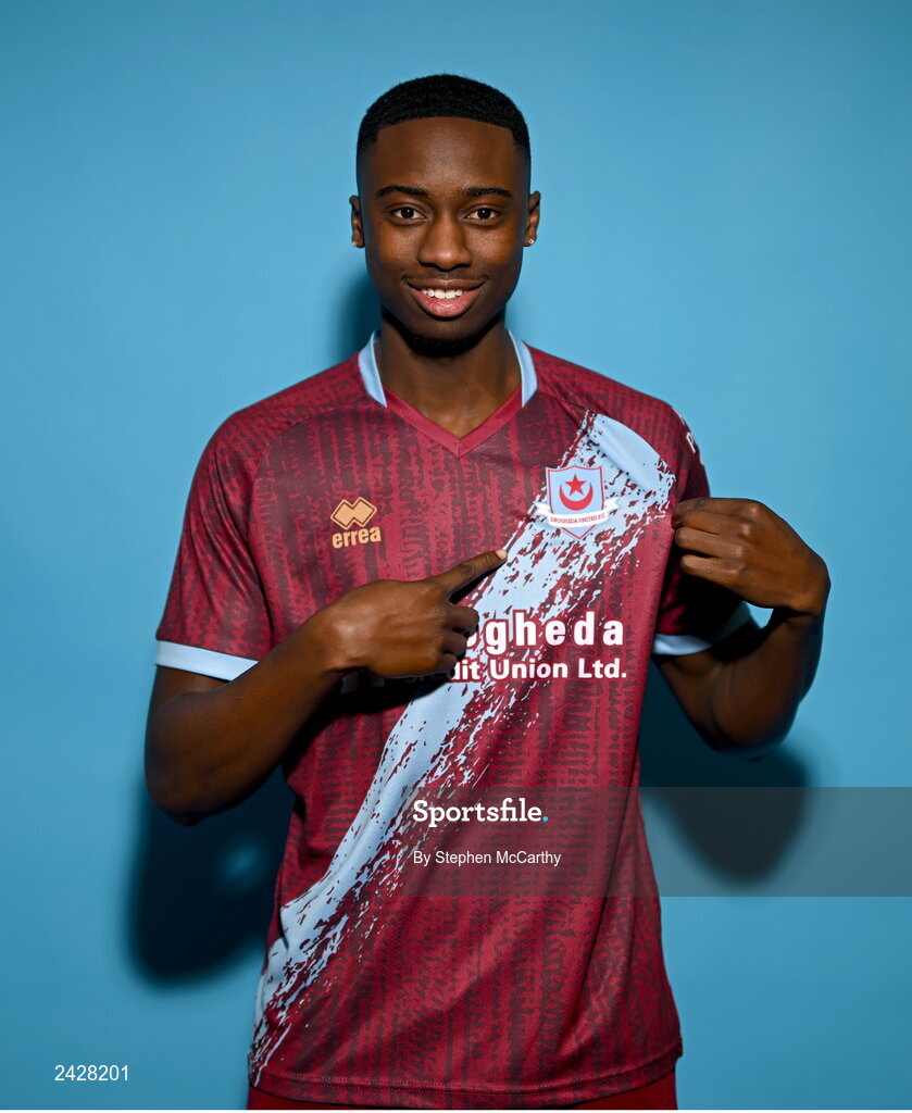 6 February 2023; Emmanuel Adegboyega poses for a portrait during a Drogheda United squad portrait session at Weaver's Park in Drogheda, Louth. Photo by Stephen McCarthy/Sportsfile
