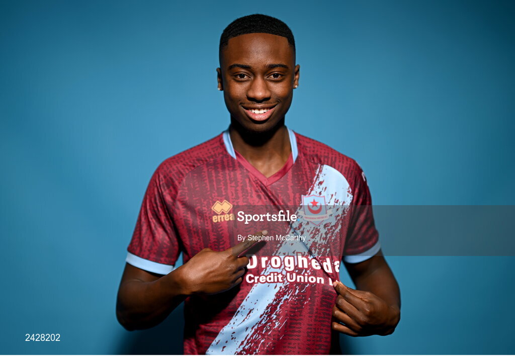 6 February 2023; Emmanuel Adegboyega poses for a portrait during a Drogheda United squad portrait session at Weaver's Park in Drogheda, Louth. Photo by Stephen McCarthy/Sportsfile