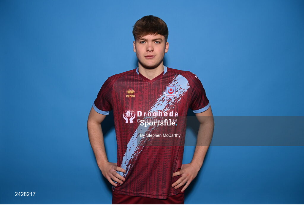 6 February 2023; Freddie Draper poses for a portrait during a Drogheda United squad portrait session at Weaver's Park in Drogheda, Louth. Photo by Stephen McCarthy/Sportsfile