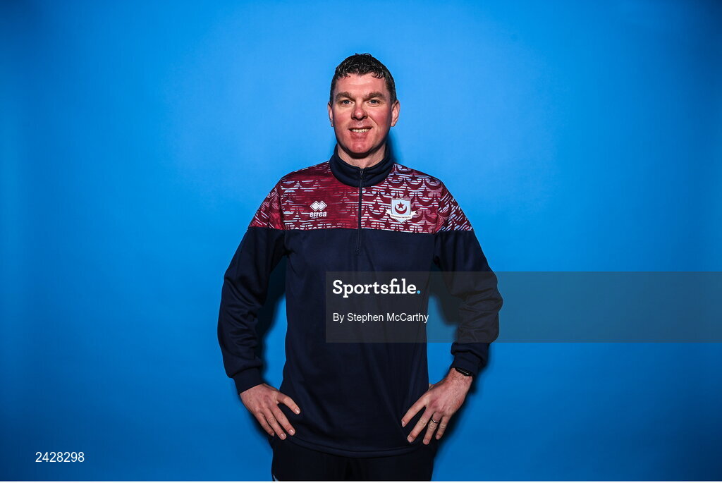 6 February 2023; Manager Kevin Doherty poses for a portrait during a Drogheda United squad portrait session at Weaver's Park in Drogheda, Louth. Photo by Stephen McCarthy/Sportsfile