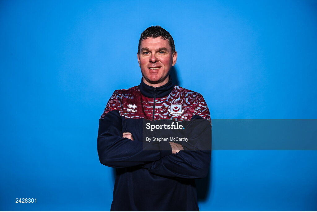 6 February 2023; Manager Kevin Doherty poses for a portrait during a Drogheda United squad portrait session at Weaver's Park in Drogheda, Louth. Photo by Stephen McCarthy/Sportsfile