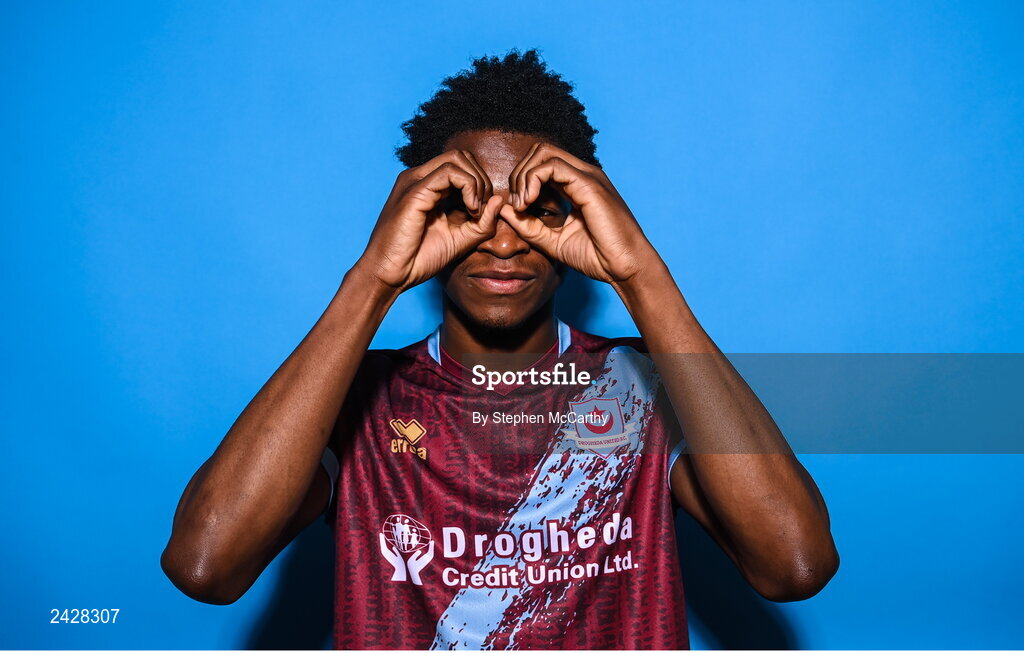 6 February 2023; Elicha Ahui poses for a portrait during a Drogheda United squad portrait session at Weaver's Park in Drogheda, Louth. Photo by Stephen McCarthy/Sportsfile