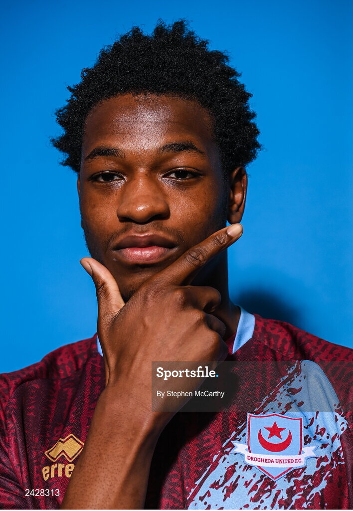 6 February 2023; Elicha Ahui poses for a portrait during a Drogheda United squad portrait session at Weaver's Park in Drogheda, Louth. Photo by Stephen McCarthy/Sportsfile