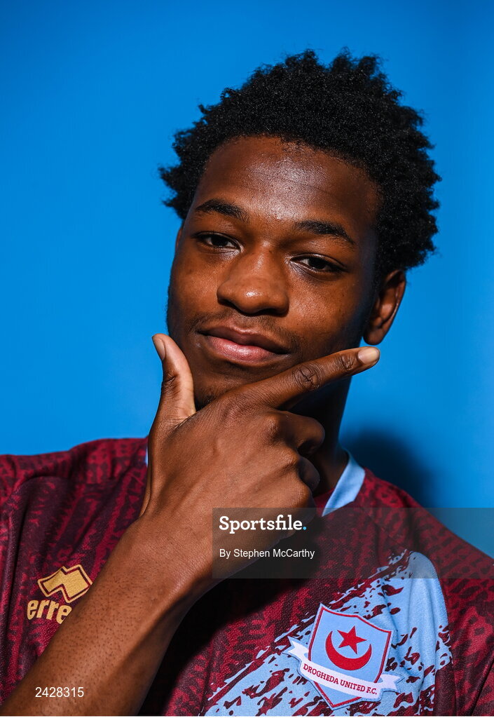 6 February 2023; Elicha Ahui poses for a portrait during a Drogheda United squad portrait session at Weaver's Park in Drogheda, Louth. Photo by Stephen McCarthy/Sportsfile