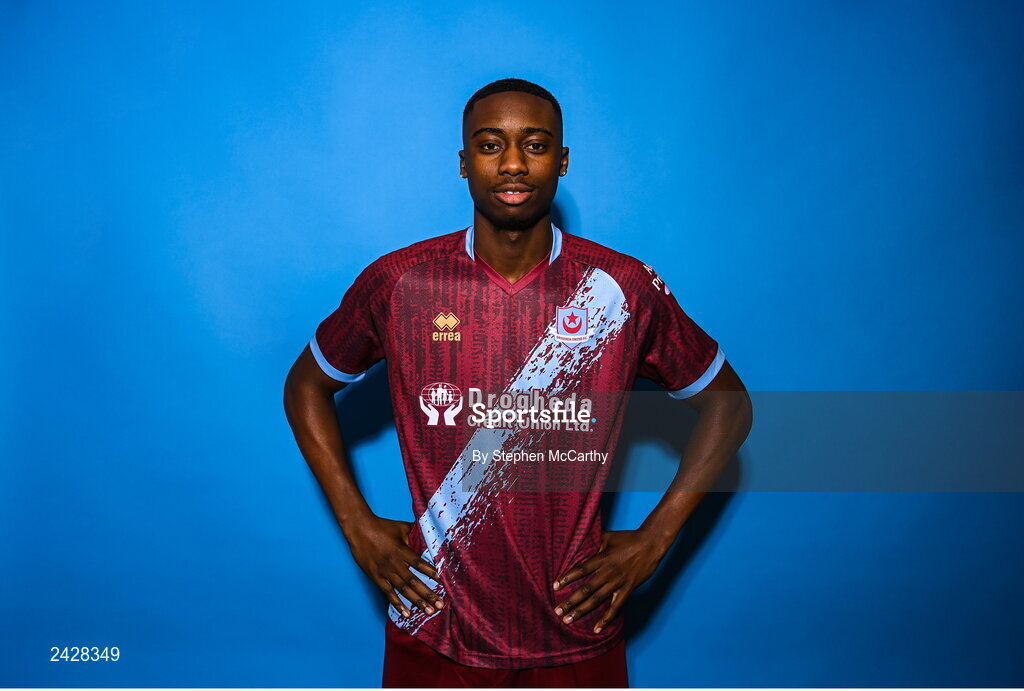 6 February 2023; Emmanuel Adegboyega poses for a portrait during a Drogheda United squad portrait session at Weaver's Park in Drogheda, Louth. Photo by Stephen McCarthy/Sportsfile