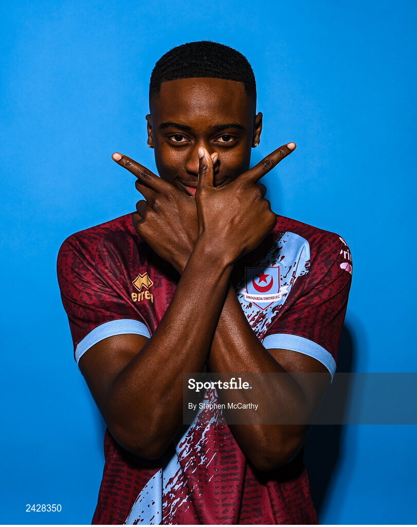 6 February 2023; Emmanuel Adegboyega poses for a portrait during a Drogheda United squad portrait session at Weaver's Park in Drogheda, Louth. Photo by Stephen McCarthy/Sportsfile