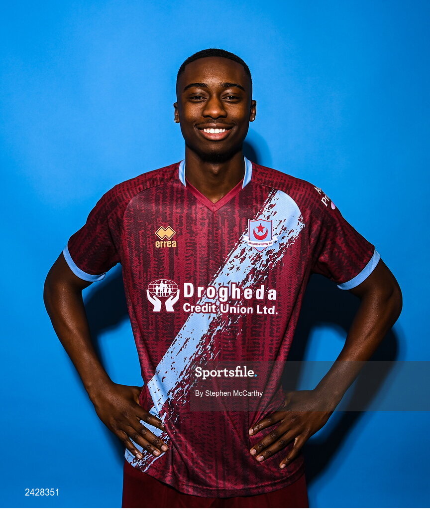 6 February 2023; Emmanuel Adegboyega poses for a portrait during a Drogheda United squad portrait session at Weaver's Park in Drogheda, Louth. Photo by Stephen McCarthy/Sportsfile
