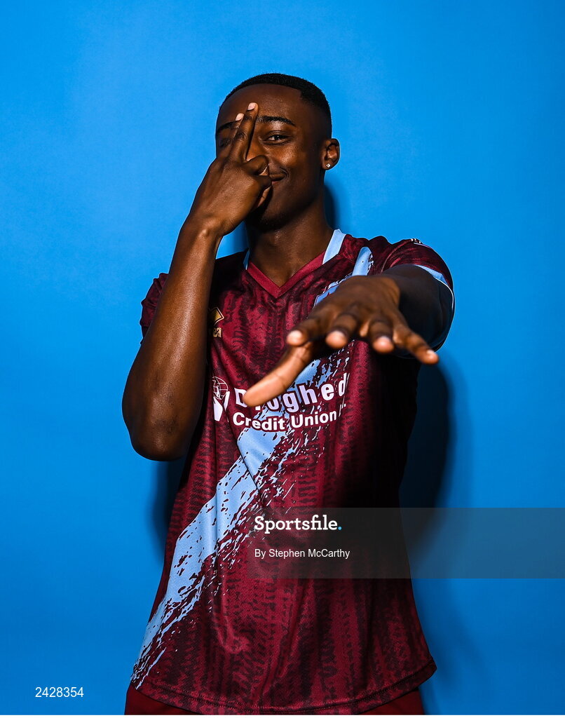 6 February 2023; Emmanuel Adegboyega poses for a portrait during a Drogheda United squad portrait session at Weaver's Park in Drogheda, Louth. Photo by Stephen McCarthy/Sportsfile