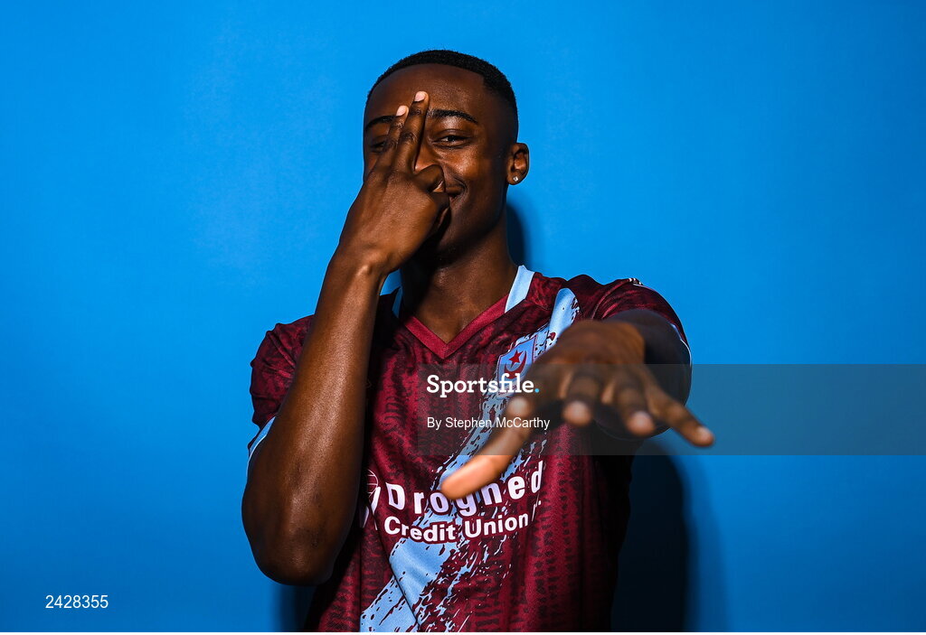 6 February 2023; Emmanuel Adegboyega poses for a portrait during a Drogheda United squad portrait session at Weaver's Park in Drogheda, Louth. Photo by Stephen McCarthy/Sportsfile