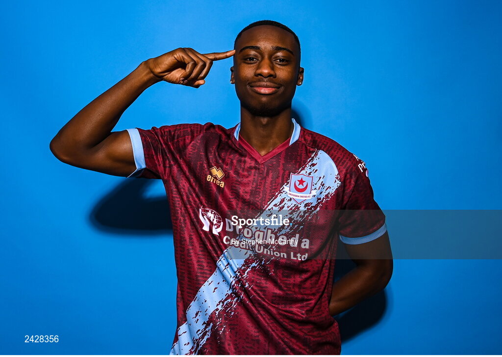 6 February 2023; Emmanuel Adegboyega poses for a portrait during a Drogheda United squad portrait session at Weaver's Park in Drogheda, Louth. Photo by Stephen McCarthy/Sportsfile