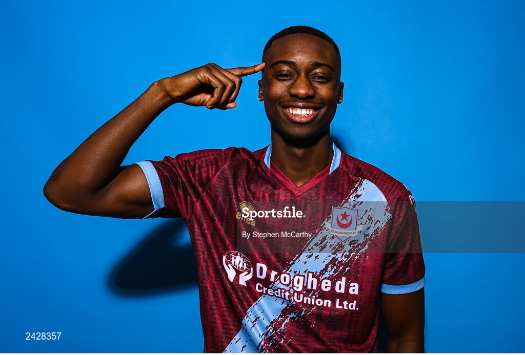 6 February 2023; Emmanuel Adegboyega poses for a portrait during a Drogheda United squad portrait session at Weaver's Park in Drogheda, Louth. Photo by Stephen McCarthy/Sportsfile