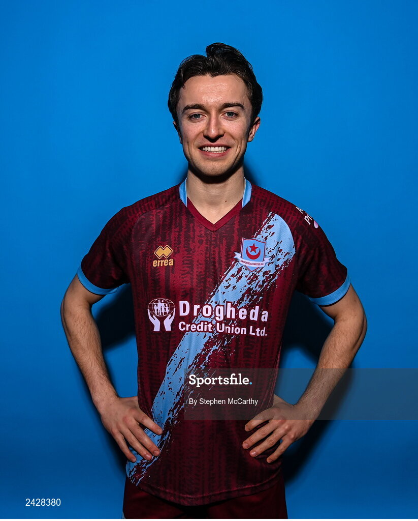 6 February 2023; Darragh Markey poses for a portrait during a Drogheda United squad portrait session at Weaver's Park in Drogheda, Louth. Photo by Stephen McCarthy/Sportsfile