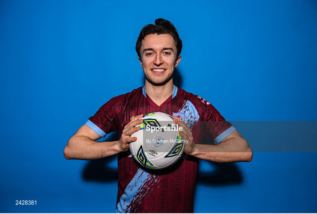 6 February 2023; Darragh Markey poses for a portrait during a Drogheda United squad portrait session at Weaver's Park in Drogheda, Louth. Photo by Stephen McCarthy/Sportsfile