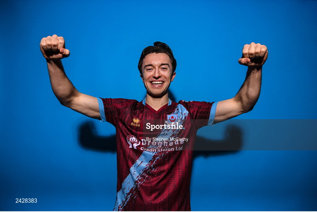 6 February 2023; Darragh Markey poses for a portrait during a Drogheda United squad portrait session at Weaver's Park in Drogheda, Louth. Photo by Stephen McCarthy/Sportsfile