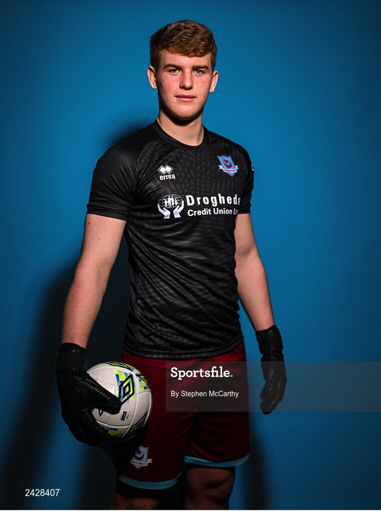 6 February 2023; Fiachra Pagel poses for a portrait during a Drogheda United squad portrait session at Weaver's Park in Drogheda, Louth. Photo by Stephen McCarthy/Sportsfile