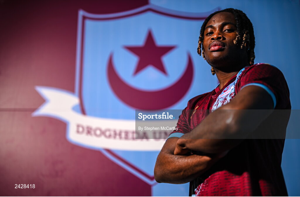 6 February 2023; Victor Arong poses for a portrait during a Drogheda United squad portrait session at Weaver's Park in Drogheda, Louth. Photo by Stephen McCarthy/Sportsfile