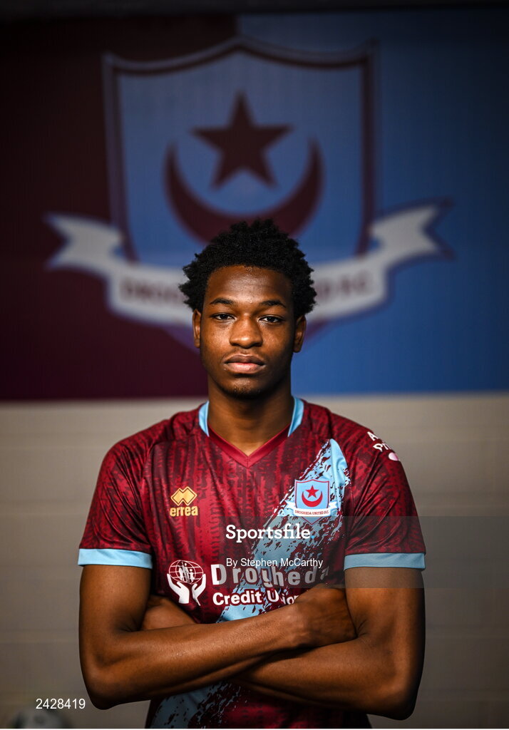 6 February 2023; Elicha Ahui poses for a portrait during a Drogheda United squad portrait session at Weaver's Park in Drogheda, Louth. Photo by Stephen McCarthy/Sportsfile