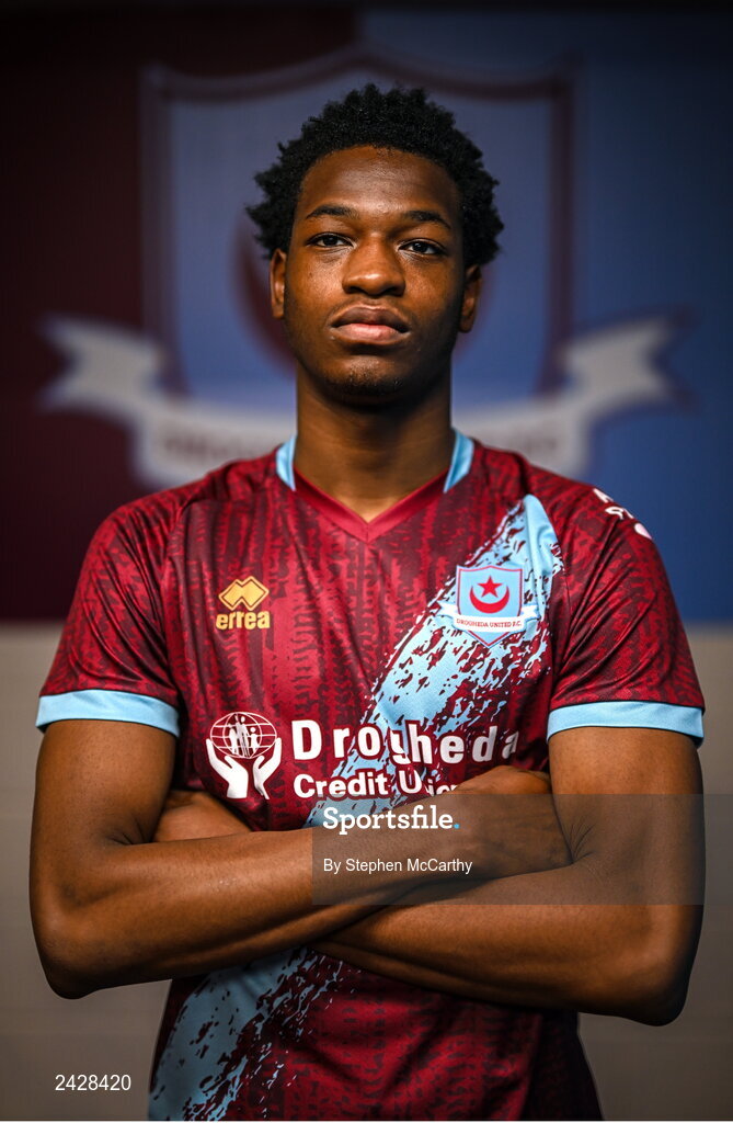 6 February 2023; Elicha Ahui poses for a portrait during a Drogheda United squad portrait session at Weaver's Park in Drogheda, Louth. Photo by Stephen McCarthy/Sportsfile
