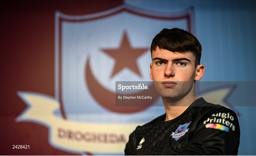 6 February 2023; Goalkeeper Andrew Wogan poses for a portrait during a Drogheda United squad portrait session at Weaver's Park in Drogheda, Louth. Photo by Stephen McCarthy/Sportsfile