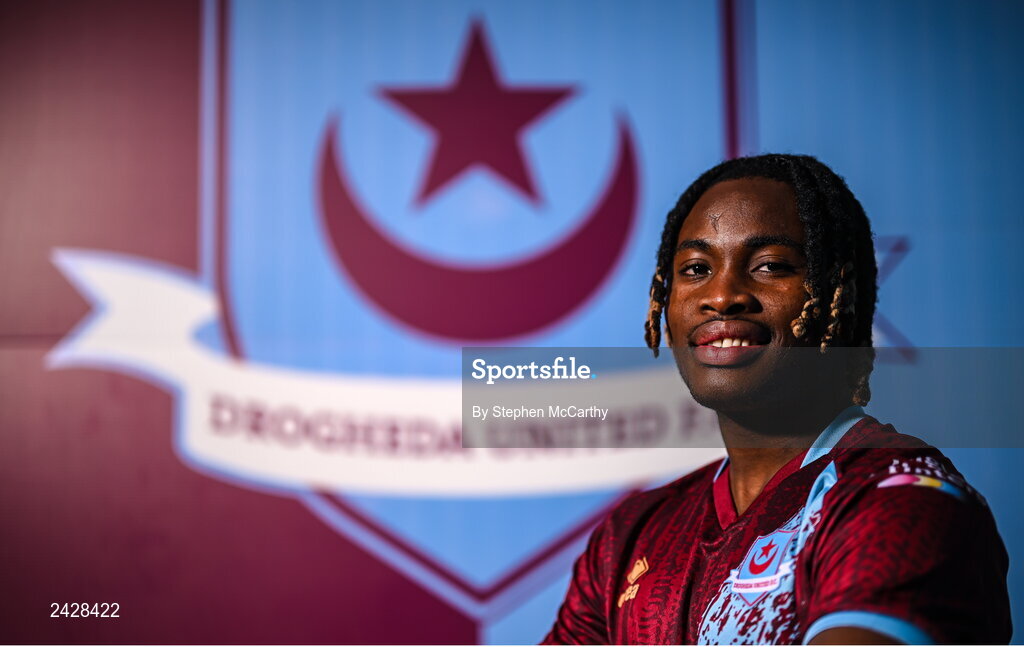 6 February 2023; Victor Arong poses for a portrait during a Drogheda United squad portrait session at Weaver's Park in Drogheda, Louth. Photo by Stephen McCarthy/Sportsfile