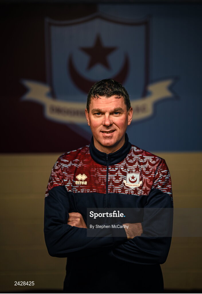 6 February 2023; Manager Kevin Doherty poses for a portrait during a Drogheda United squad portrait session at Weaver's Park in Drogheda, Louth. Photo by Stephen McCarthy/Sportsfile