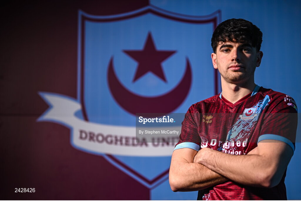 6 February 2023; Darragh Noone poses for a portrait during a Drogheda United squad portrait session at Weaver's Park in Drogheda, Louth. Photo by Stephen McCarthy/Sportsfile