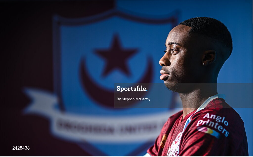 6 February 2023; Emmanuel Adegboyega poses for a portrait during a Drogheda United squad portrait session at Weaver's Park in Drogheda, Louth. Photo by Stephen McCarthy/Sportsfile