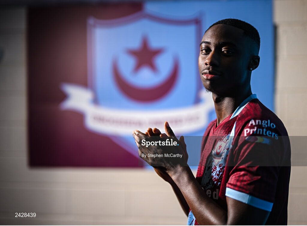 6 February 2023; Emmanuel Adegboyega poses for a portrait during a Drogheda United squad portrait session at Weaver's Park in Drogheda, Louth. Photo by Stephen McCarthy/Sportsfile
