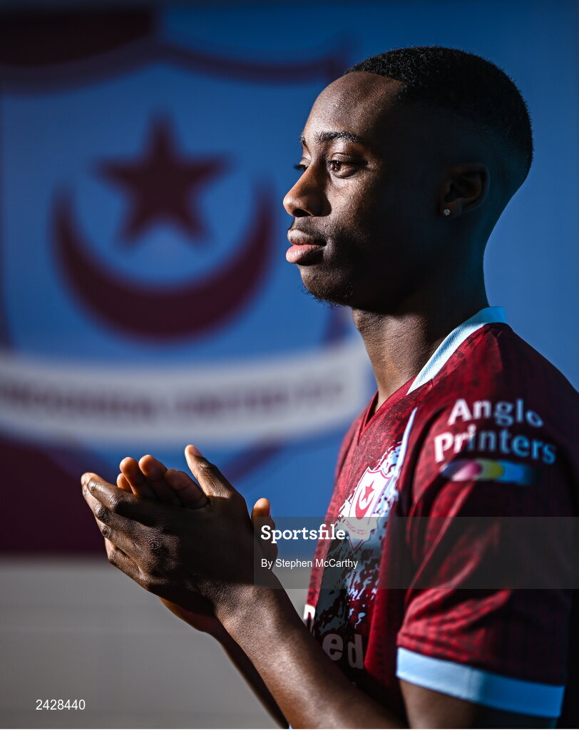 6 February 2023; Emmanuel Adegboyega poses for a portrait during a Drogheda United squad portrait session at Weaver's Park in Drogheda, Louth. Photo by Stephen McCarthy/Sportsfile