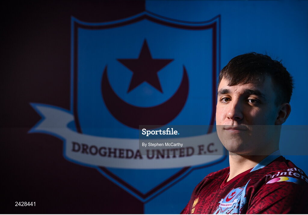 6 February 2023; Michael Leddy poses for a portrait during a Drogheda United squad portrait session at Weaver's Park in Drogheda, Louth. Photo by Stephen McCarthy/Sportsfile