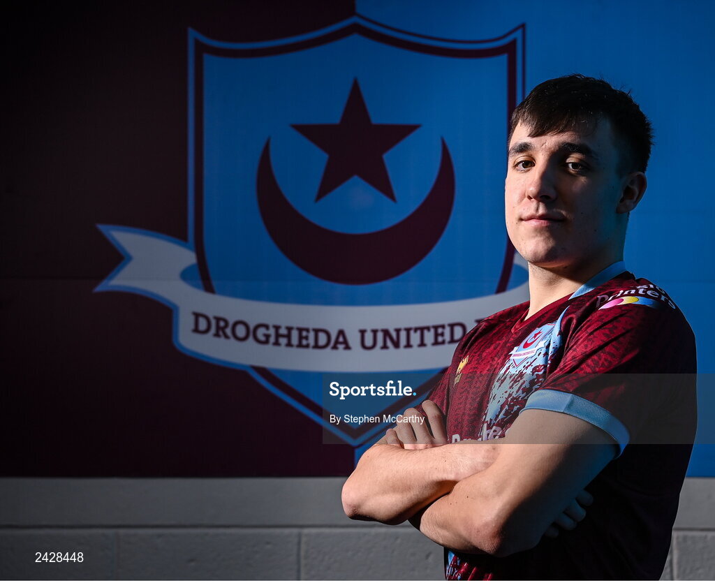 6 February 2023; Michael Leddy poses for a portrait during a Drogheda United squad portrait session at Weaver's Park in Drogheda, Louth. Photo by Stephen McCarthy/Sportsfile