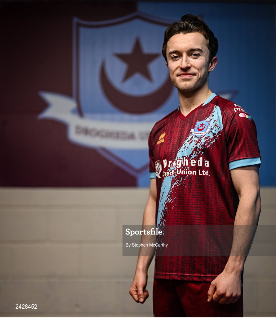 6 February 2023; Darragh Markey poses for a portrait during a Drogheda United squad portrait session at Weaver's Park in Drogheda, Louth. Photo by Stephen McCarthy/Sportsfile