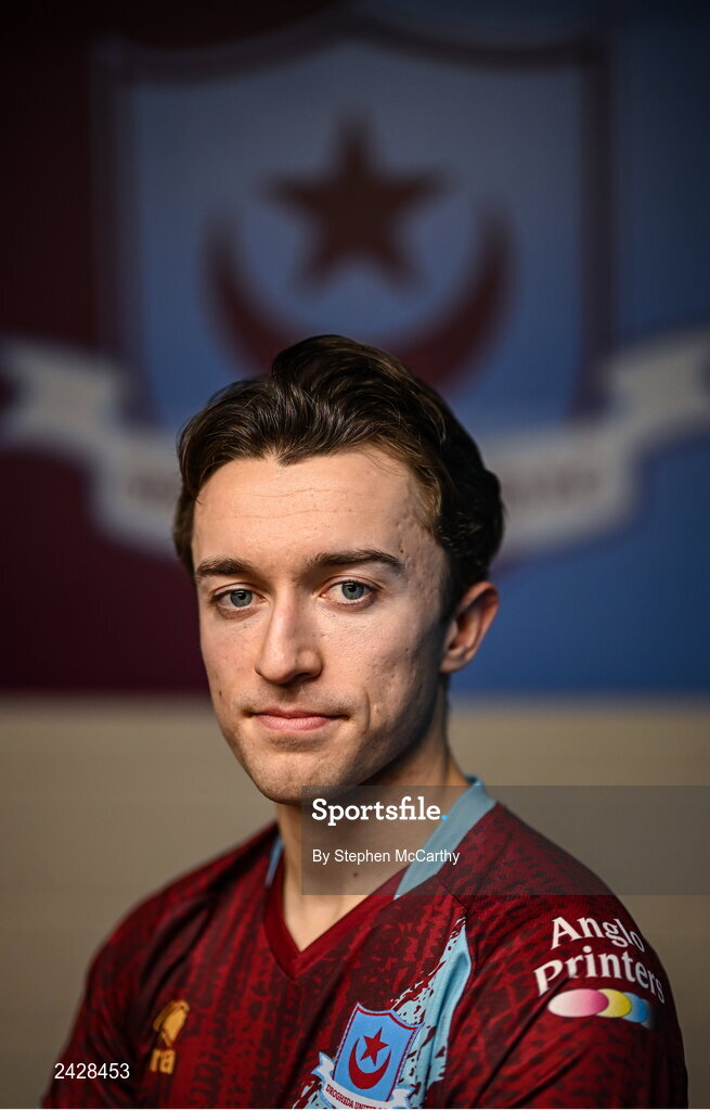 6 February 2023; Darragh Markey poses for a portrait during a Drogheda United squad portrait session at Weaver's Park in Drogheda, Louth. Photo by Stephen McCarthy/Sportsfile