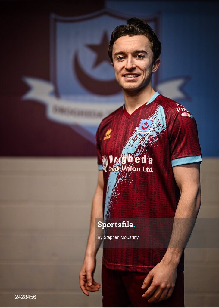 6 February 2023; Darragh Markey poses for a portrait during a Drogheda United squad portrait session at Weaver's Park in Drogheda, Louth. Photo by Stephen McCarthy/Sportsfile