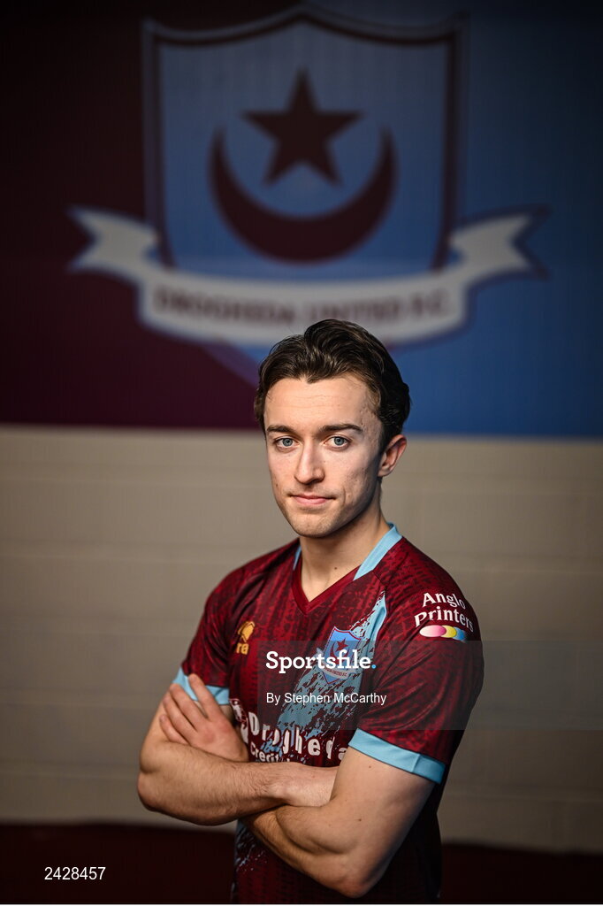 6 February 2023; Darragh Markey poses for a portrait during a Drogheda United squad portrait session at Weaver's Park in Drogheda, Louth. Photo by Stephen McCarthy/Sportsfile